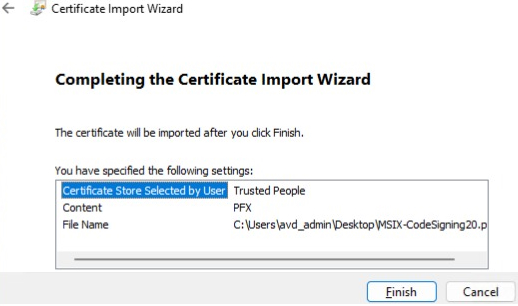 Completing the certificate import wizard